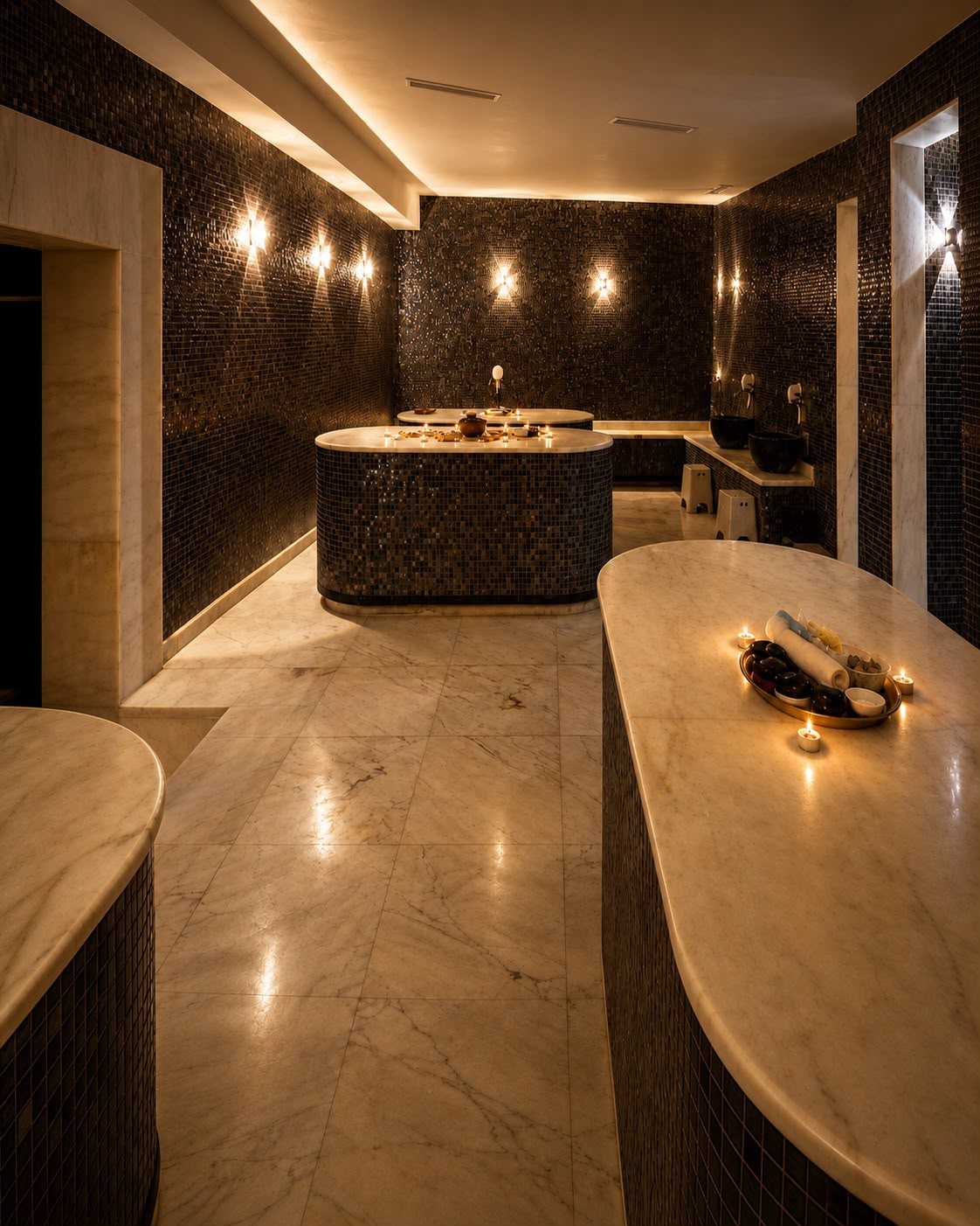 Tables de soin en marbre du hammam W SPA