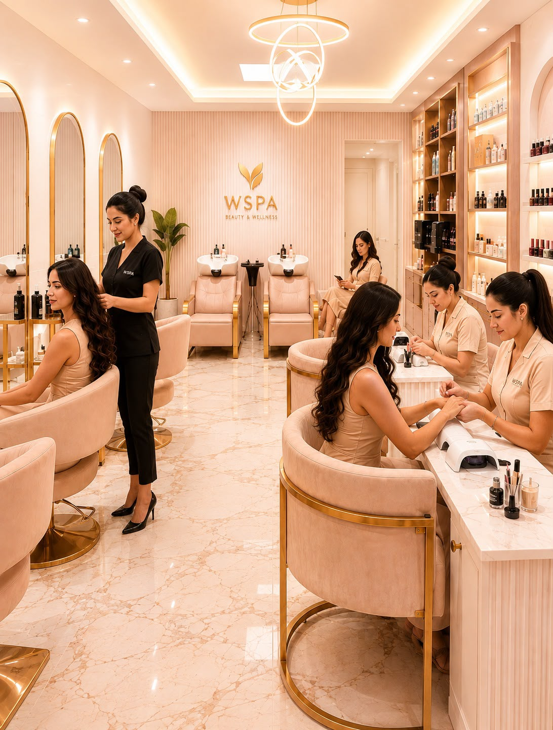Salon de beauté W SPA : coiffure et manucure dans un décor rose poudré et doré